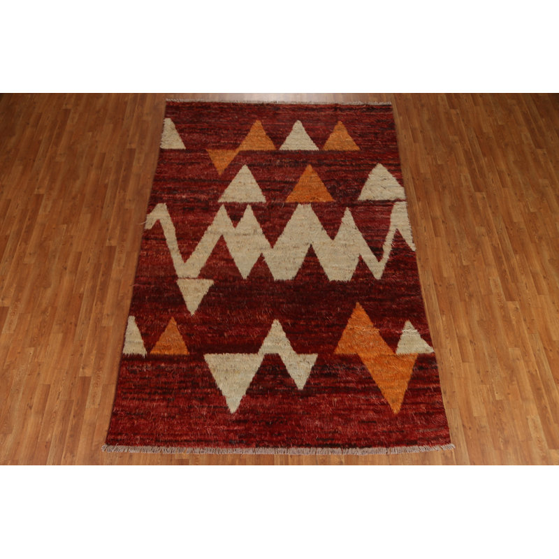 Tapis rouge / orange en laine noué à la main de conception unique 6 pi 9 po x 10 pi New Age