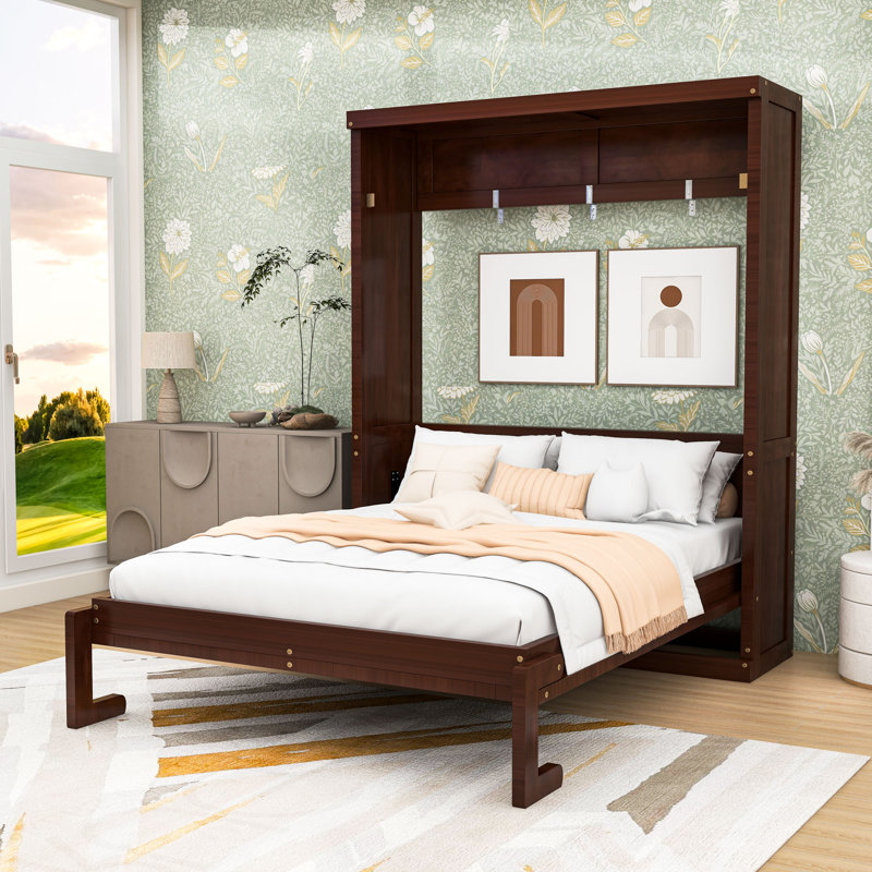 Lit escamotable en bois peu encombrant avec conception d'armoire, Lit double, Espresso