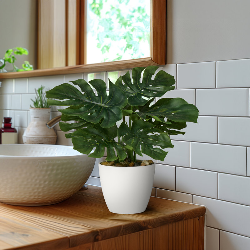 10" Artificial Monstera Plant in White Pot, 10" H x 6" W x 6" D