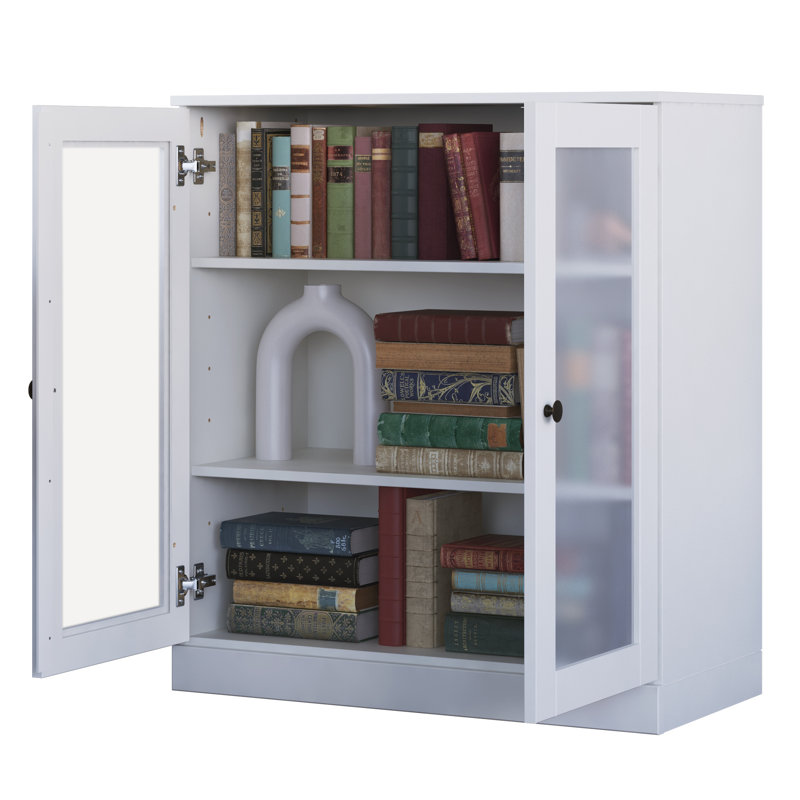 Palace Imports 100% Solid Wood 3-Shelf Bookcase, Frosted Glass Doors, Adjustable Shelves, 32" Wide, 35.75" Tall, White