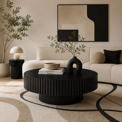 Table basse ronde gigogne en bois de 90 cm (35,43 po) pour appartement, table basse moderne pour salon avec pied robuste, NOIR