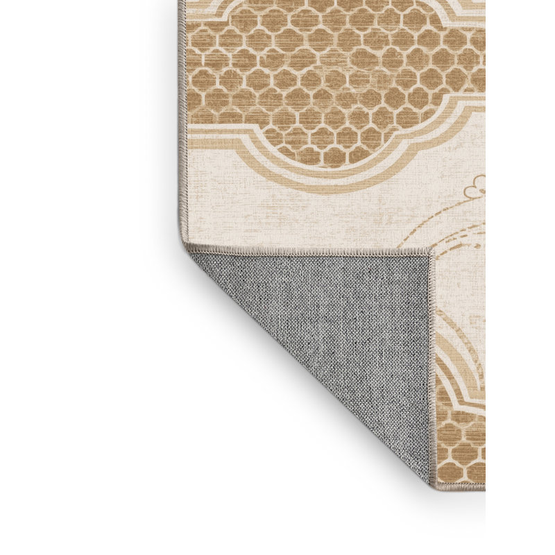 Machine Washable Peoro Global Inspired Moroccan Rug in Beige – Beige Binding, 3' Round