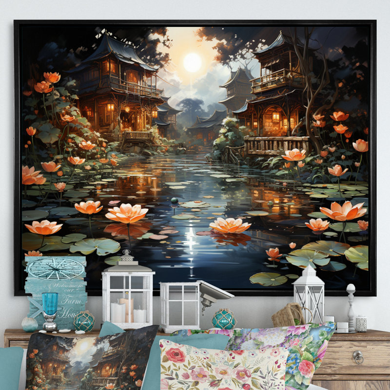 «Mariannah China Art Lotus Lantern II», reproduction, H 16 po x l 32 po x P 1 po, Cadre flottant noir