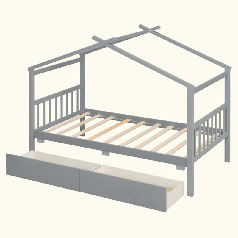 Lit en bois avec tiroirs, Gris