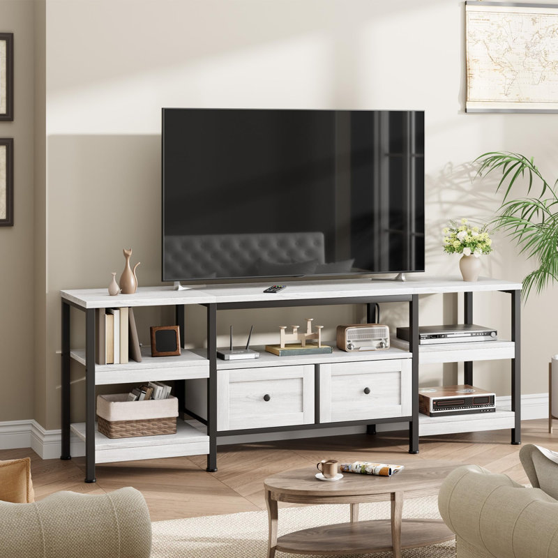 Meuble télé 78 po avec 2 tiroirs, meuble télé avec tablettes ouvertes pour téléviseur de 65 po