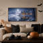 " Snowy Cabin With Glowing Windows Moonlit Lake Halloween " Painting Print-360252539