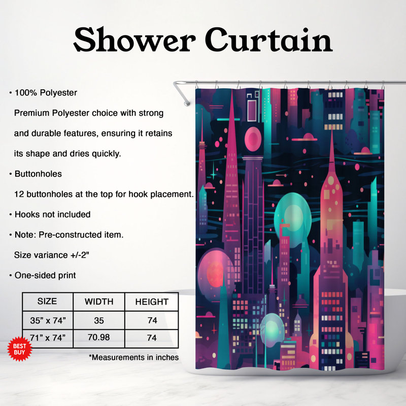 Rideau de douche Neon Cityscape - Premium, H 74 po x l 71 po