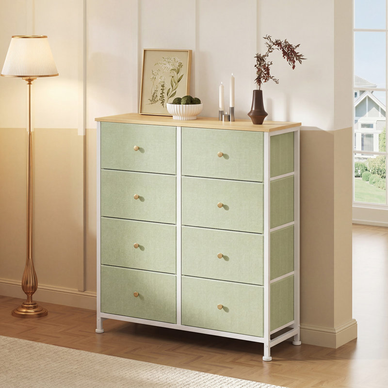 Bedroom Dresser with 8 Drawers Tall Dresser Chest of Drawers Fabric Dresser Modern Dresser, Light Green