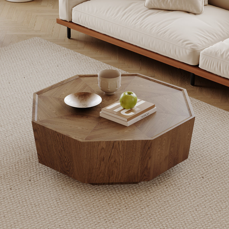 Hexagonal Wood Veneer Coffee Table With Double Drawers – Rotating Storage Table