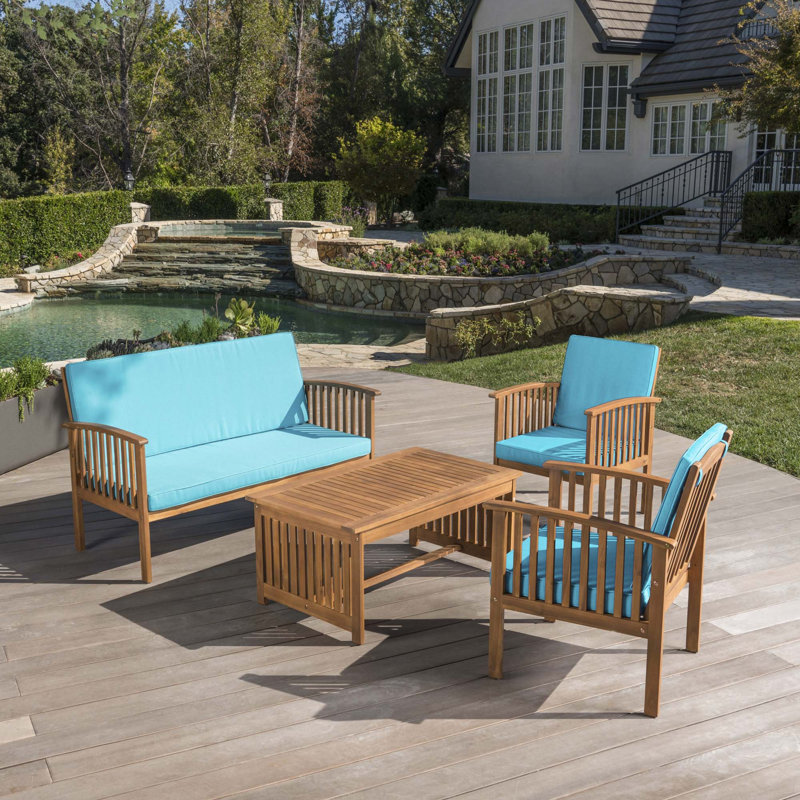 Elwyn 4 Piece Sofa Seating Group with Cushions, Brown Frame/Teal Cushion