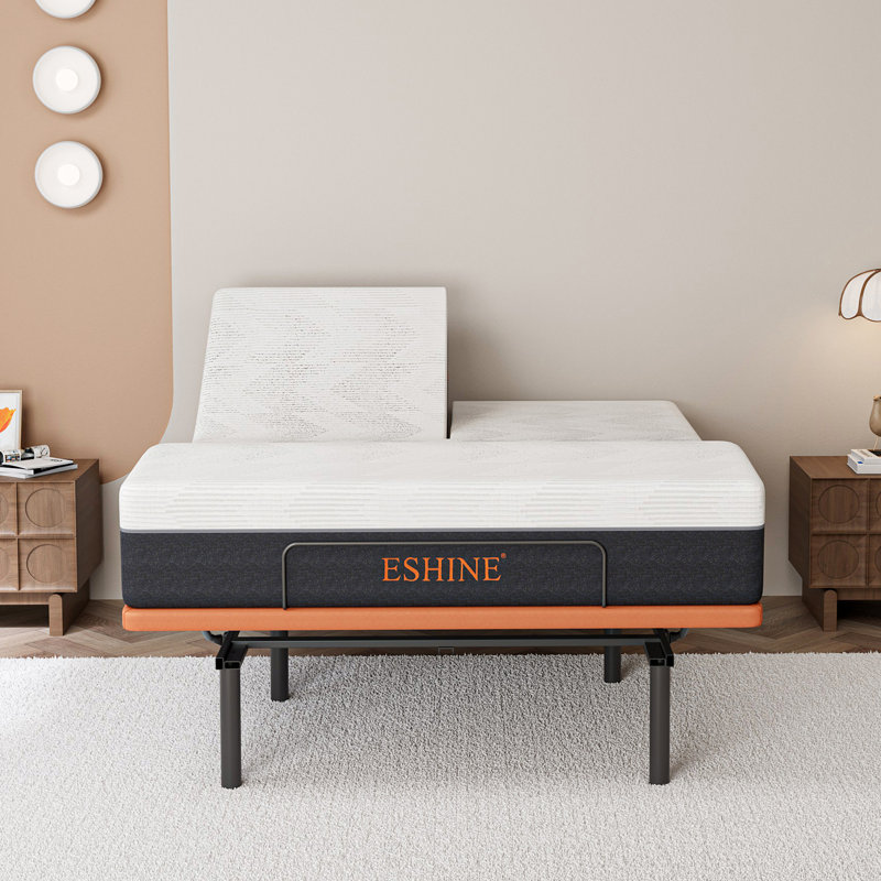 Base de lit réglable pour grand lit divisé avec matelas en mousse à mémoire de forme de taille moyenne de 12 po, ports USB et de type C, massage, télécommande sans fil et contrôle des applications, orange coucher de soleil E3000