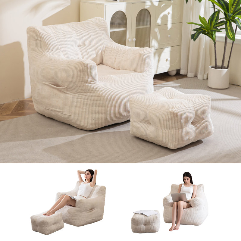 Corduroy Memory Foam bean bag Sofa With Ottoman, Beige Corduroy