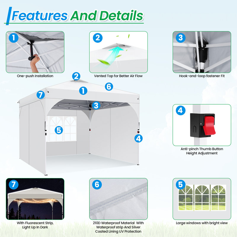 Tent 10x10 Pop up Canopy Outdoor Shade with Sidewalls UPF 50+ Waterproof Canopy, White