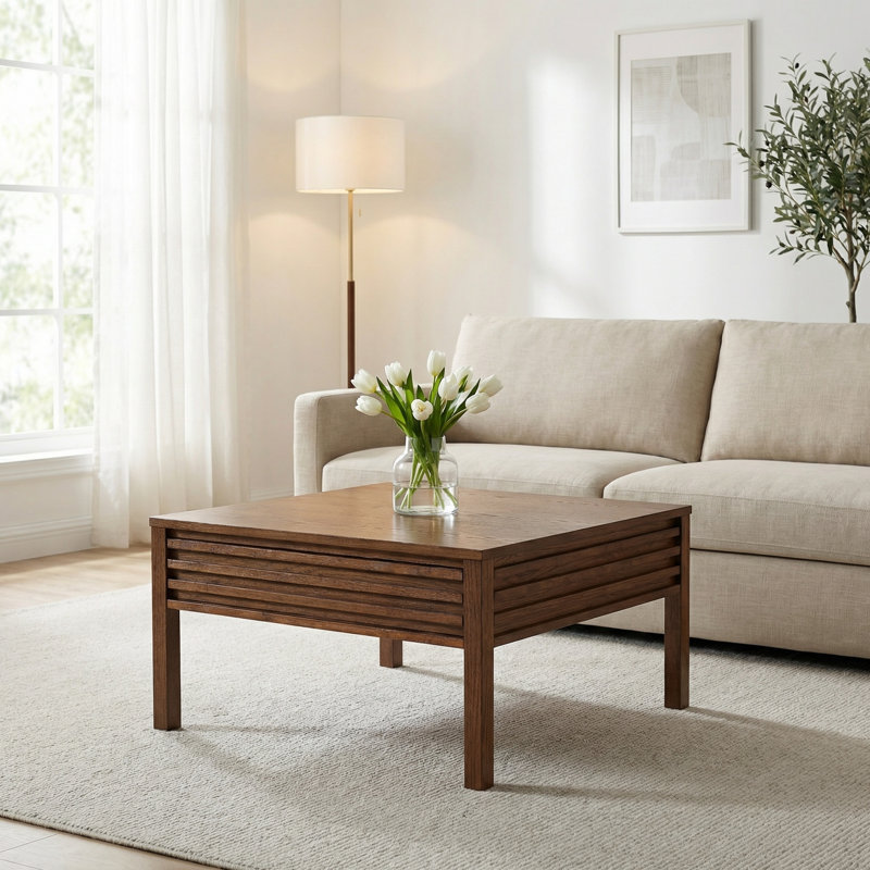 Charnay 32” Square Wood Coffee Table With Dual Drawers, Brown Oak