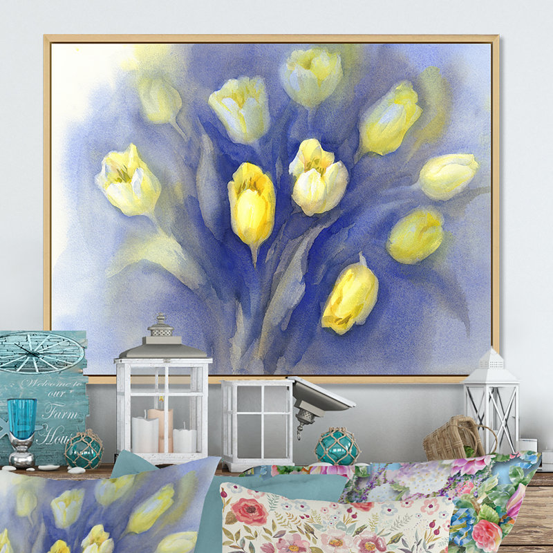 Tulipes sur bleu II - reproduction sur toile, H 30 po x l 40 po x P 1,5 po, Cadre naturel flottant