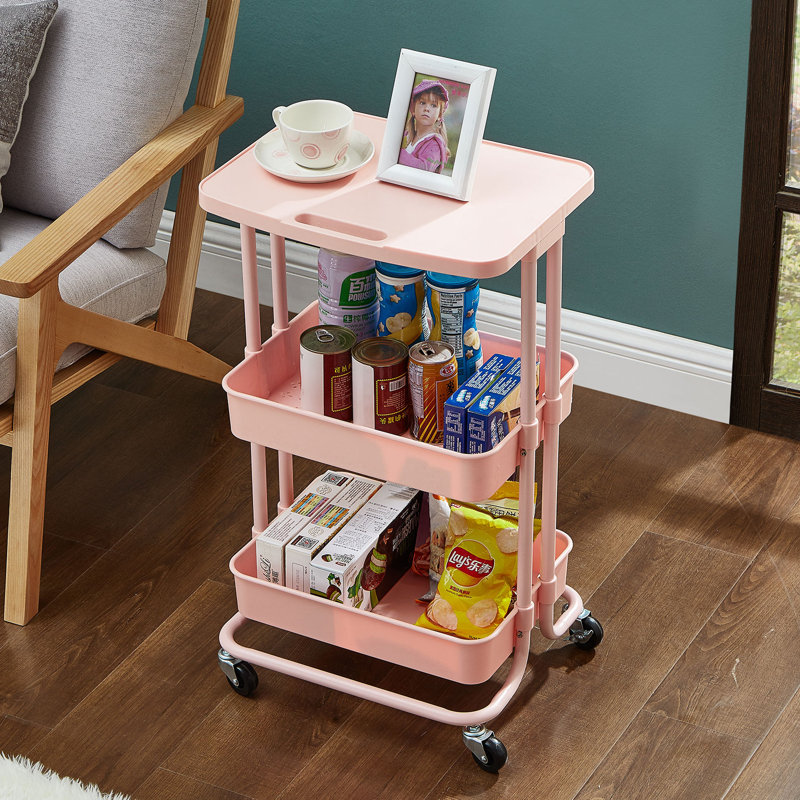 3-Tier Utility Rolling Cart with Wheels & 3 Hanging Baskets, Pink