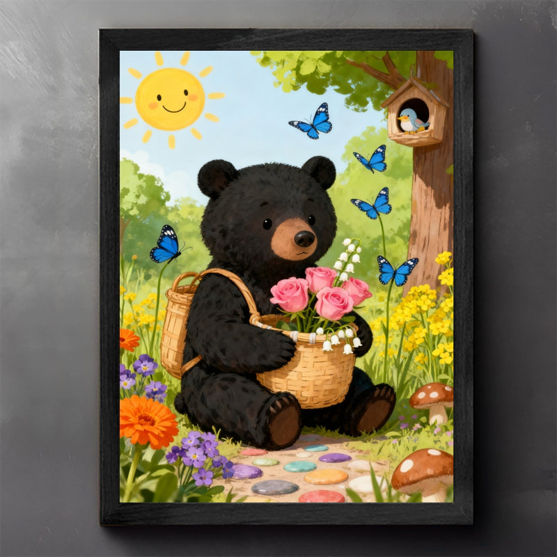 Art mural rétro noir, petit ours mignon jouant avec des papillons, impressions encadrées de style rétro, H 17 po x l 13 po
