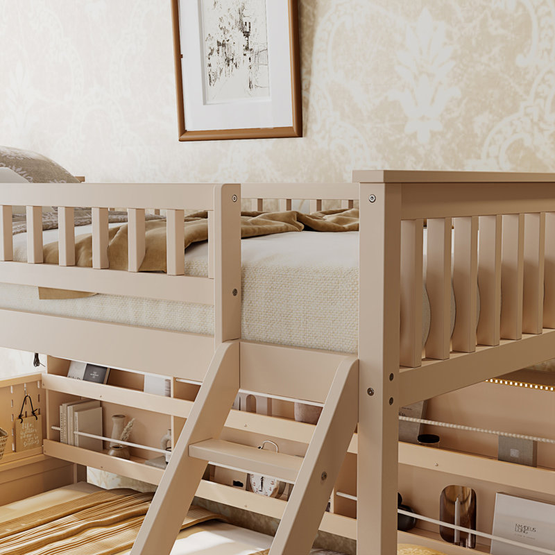 Twin XL Over Queen Bunk Bed With Integrated Shelving, Beige