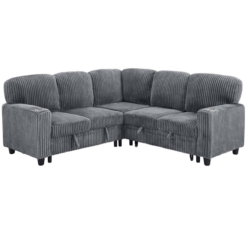 L-Shaped Sectional Sofa Bed with Pull-Out Bed & Storage, 5-Seat Sleeper Couch with USB Charging, Convertible Design for Living Room, Apartment, Corduroy Fabric