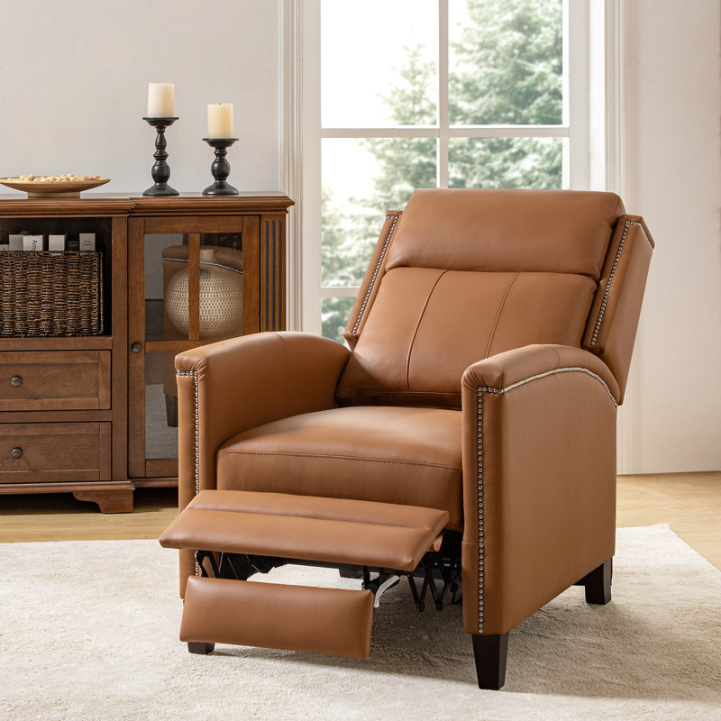 Analayah 28.5''W Mid-Century Modern Genuine Leather Power Recliner, Navy