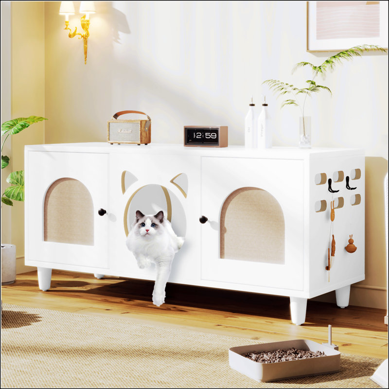 Armoire à chat moderne en bois avec grattoir en sisal, bac à litière et table d'appoint avec rangement