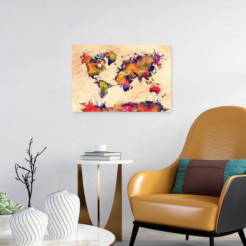 «Vibrant World Map», art mural moderne contemporain abstrait, H 16 po x l 24 po