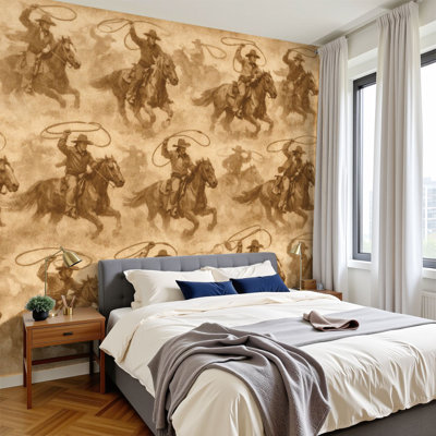Papier peint à peler et coller Cowboy Horse Riders rétro Lasso sépia murales 100 "H x 144" l papier mural amovible en PVC auto-adhésif pour le salon de la chambre bureau à domicile