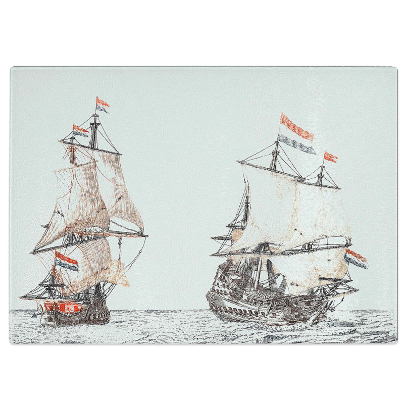 Tempered Glass Two French Sailing Ships by Johan Teyler Chopping Board, 28.5 cm W x 20 cm L