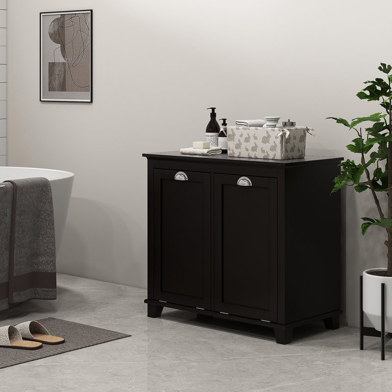 Bathroom Storage With Tilt Out Hamper, Dual Compartment. Modern Washroom Floor Cabinet, Black. Spacious Towel Storage. Separate For & Dark Items. Construction, Water-. Toppling. Wall-Fixable