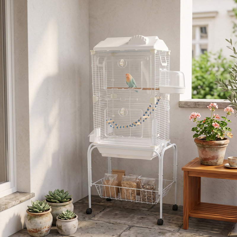 Cage à oiseaux spacieuse en métal avec roulettes