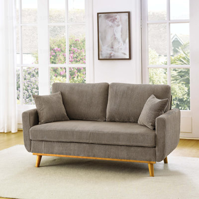 Corduroy Upholstered Wooden Frame Loveseat with Arms and Toss Pillows