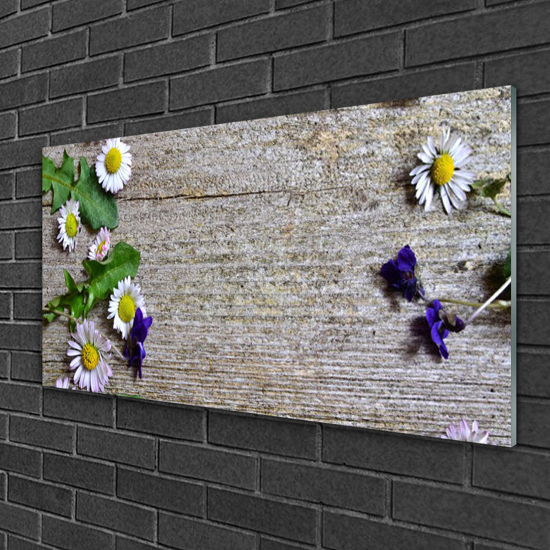 Glass Print Wall Art 100X50cm Image Printed On Glass Decorative Wall Picture Behind Toughened / Tempered Safety Real Glass For Kitchen & Living Room Theme: Daisy Floral