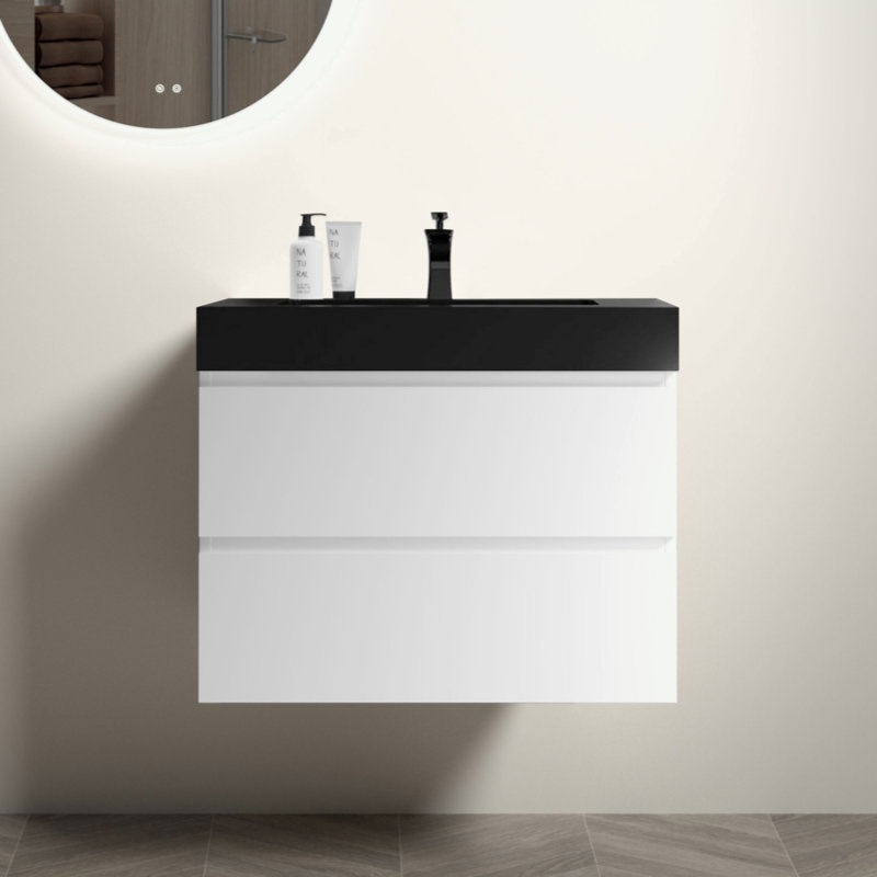 Meuble-lavabo mural 30 po avec lavabo, grand meuble-lavabo flottant mural pour salle de bain moderne, lavabo une pièce sans drain, pré-assemblé