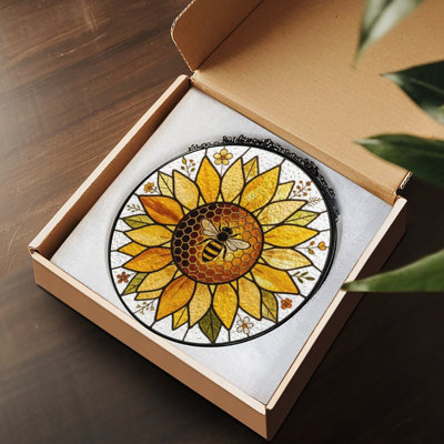 Vitrail tournesol avec abeille et nid d'abeille