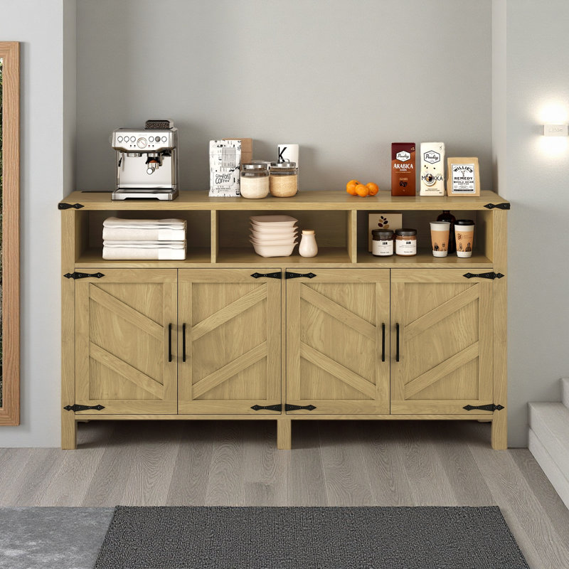 Buffet 59 po à 4 portes avec prises électriques et ports USB, tablettes réglables et armoire de rangement semi-ouverte 59 po