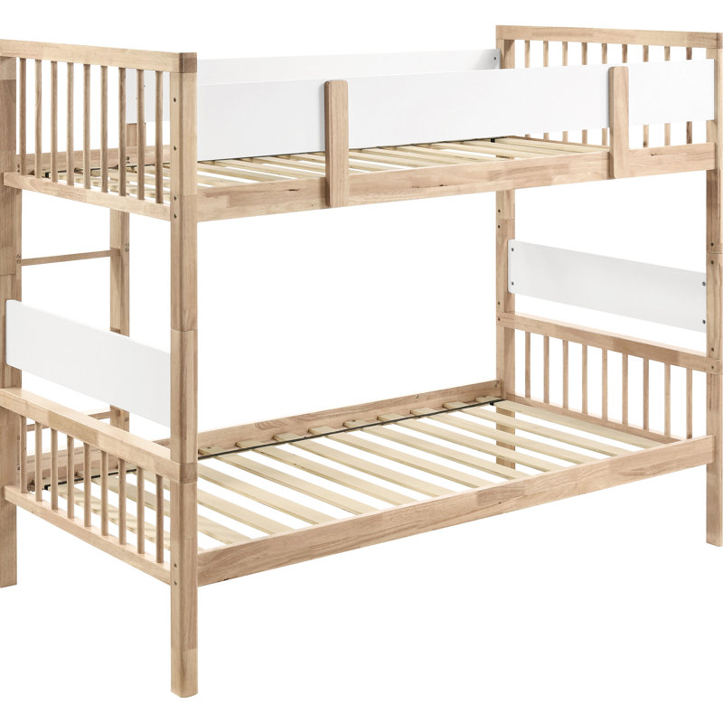 Lit simple superposé au fini naturel, avec des accents blancs et une esthétique fraîche, convient à la chambre à coucher avec des tons de bois, s'adaptant à différentes exigences fonctionnelles, conception à lattes