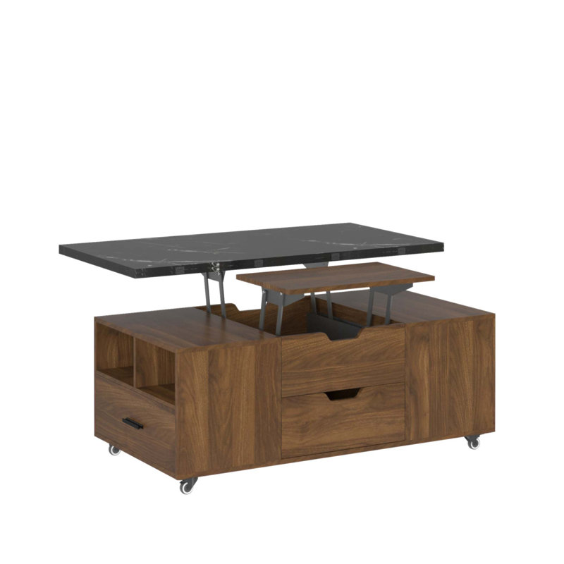 Table basse relevable moderne avec 2 tabourets, rangement dissimulé et tiroirs extensibles pour une salle à manger et un salon peu encombrants