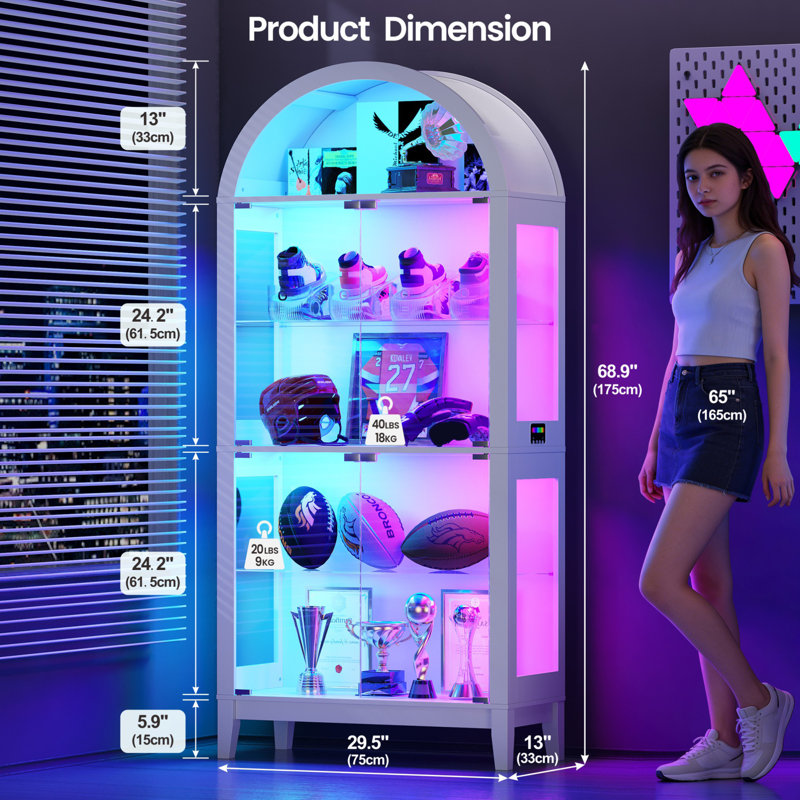 5-Tier Arched Display Cabinet with Glass Doors and RGB Lights for Trophy, Collectibles, White