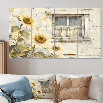Sunflowers By The Barn Windows - Art mural de tournesols - Art mural traditionnel, toile 4 pièces