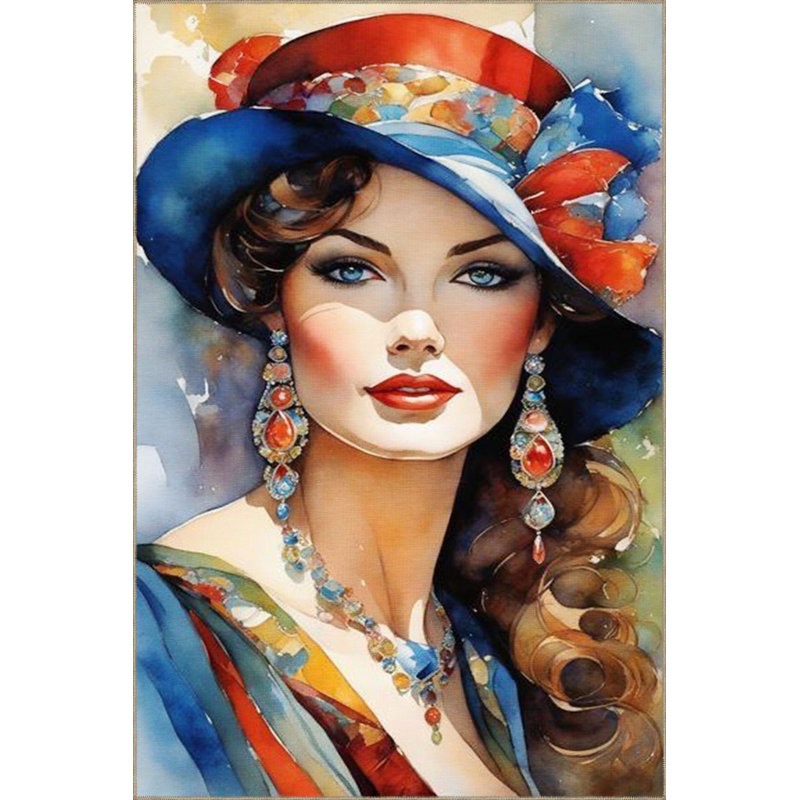 Colorful Girl with Hat Modern Patterned Decorative Machine Washable Rug, Rectangle 3'3" x 4'11" Rug Pad Included