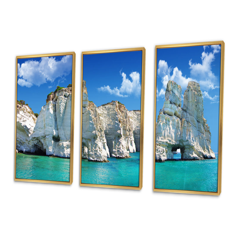 Grec vacances - ensemble d'art mural sur toile encadré paysage de 3, H 28 po x l 36 po x P 1 po, Encadrement doré
