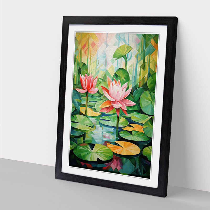 Water Lily Pond Cubism - Single Picture Frame Print on Wood, Black Framed, 46cm H x 34cm W