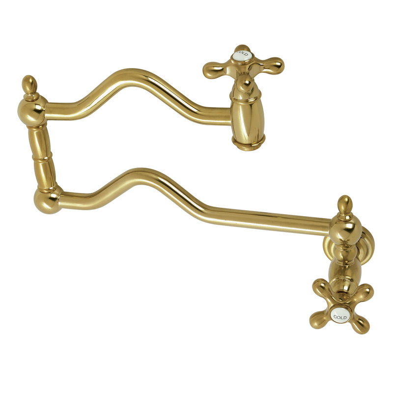 Kingston Brass Heritage Two-Handle 1-Hole Wall Mount Pot Filler Faucet, Brushed Brass, Knob/Cross 