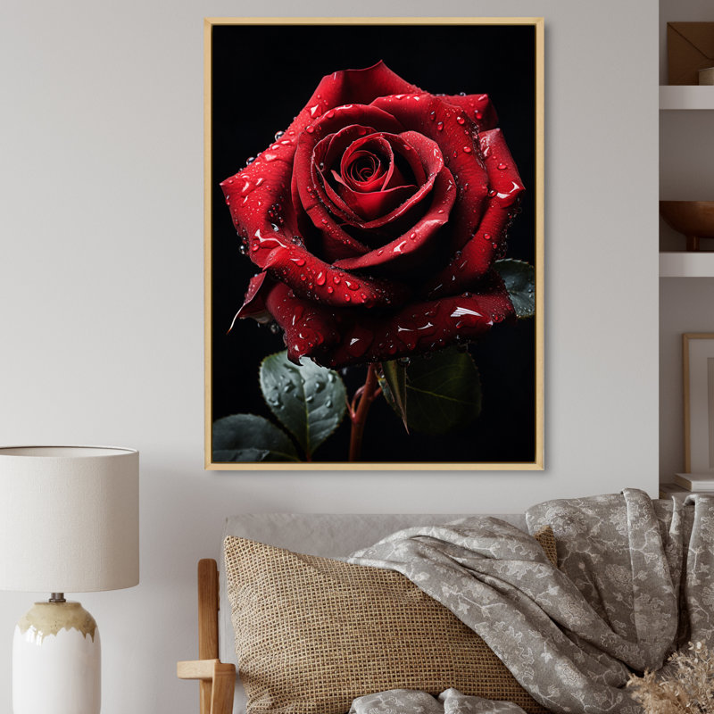 «Red Black Rose Elegance I», art mural sur toile florale, Cadre naturel flottant, H 40 po x l 30 po x P 1,5 po