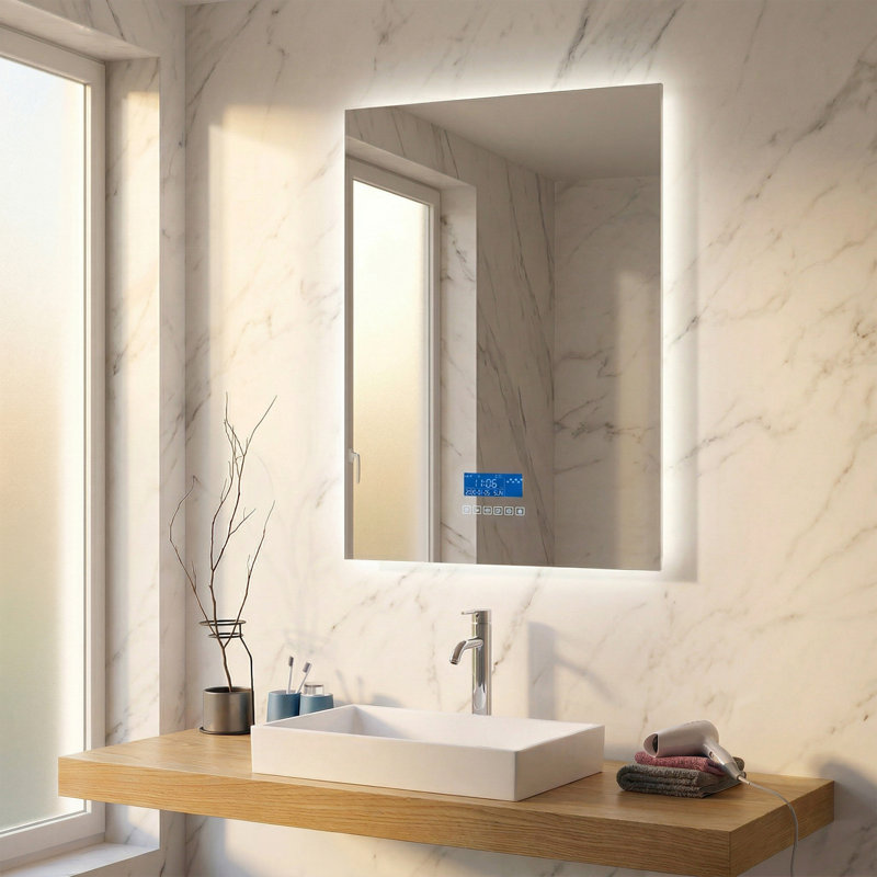 Derek Miroir de Salle de Bain DEL Intelligent 30 po x 30 po avec Écran Tactile - Miroir Bluetooth avec Haut-Parleurs Intégrés, Technologie Anti-Buée Automatique, Éclairage Économe en Énergie et Design sans Cadre