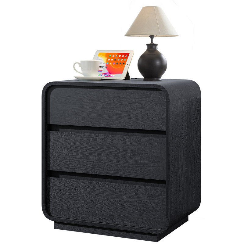 Table de chevet 25 po avec station de charge et 3 tiroirs, table de bout courbée noire, ensemble de 2, Noir, Ensemble de 2