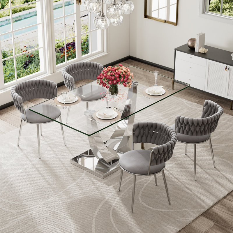 Ensemble de salle à manger à piédestal rectangulaire avec chaise de salle à manger en velours Modern Weaven, Table, 4 chaises