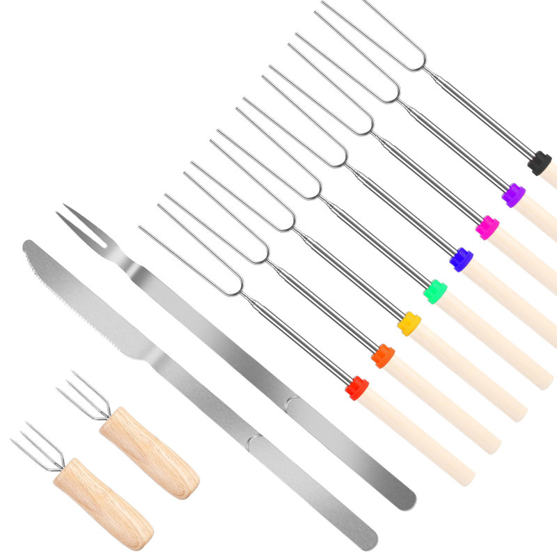 Ensemble de bâtonnets à rôtir en acier inoxydable 31,9 po télescopique télescopique Hot Dog fourchette de brochettes avec couteau fourchette à maïs pour barbecue