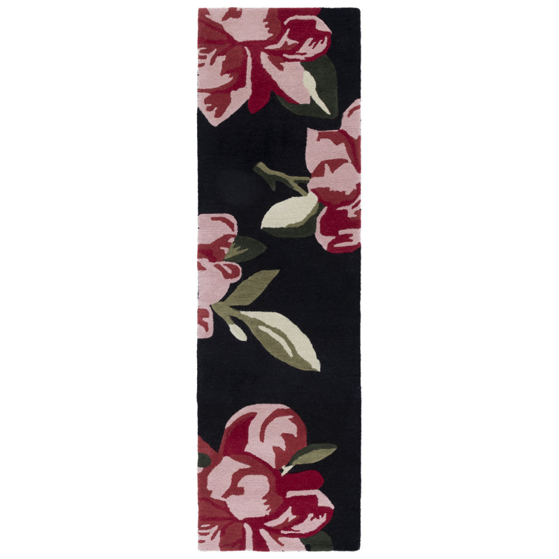 Kamath 403 Hand Tufted Wool/Cotton Floral Rug in Black/Pink, Rectangle 8' x 10'