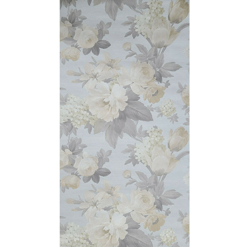 Myrdle Blue Gray Yellow Metallic Flowers Floral Faux Fabric Textured Wallpaper